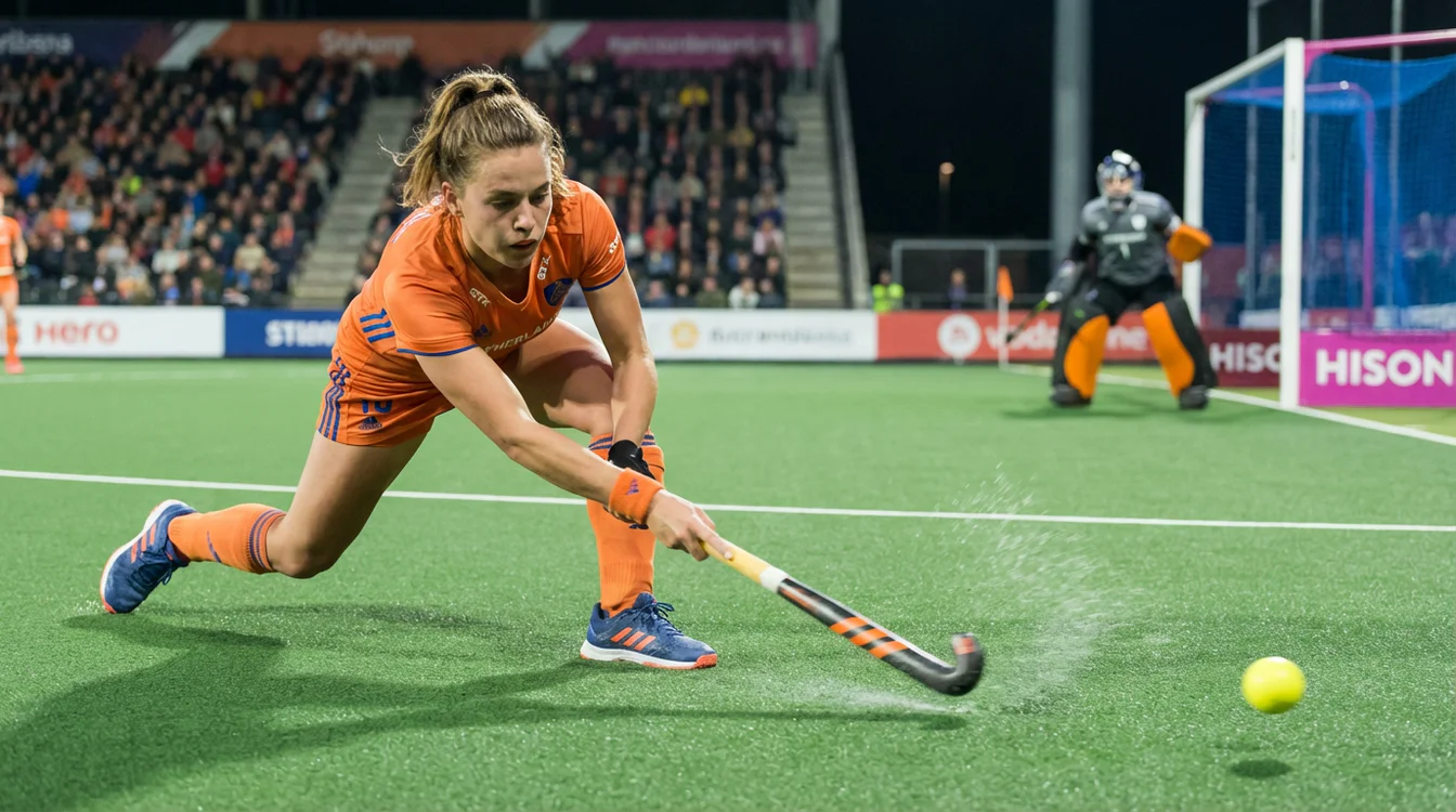 Hockeyspeelster neemt een strafcorner op kunstgrasveld