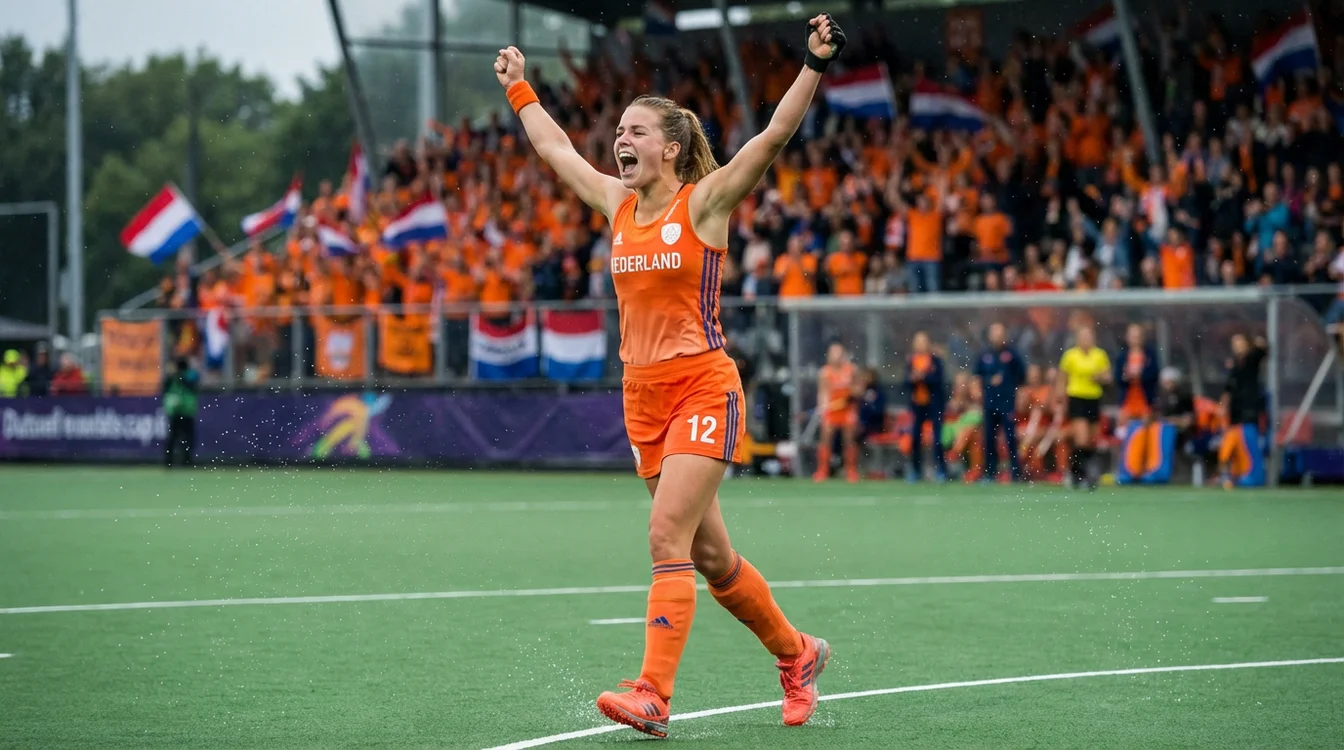 Yibbi Jansen viert een doelpunt voor het Nederlands vrouwenhockeyteam