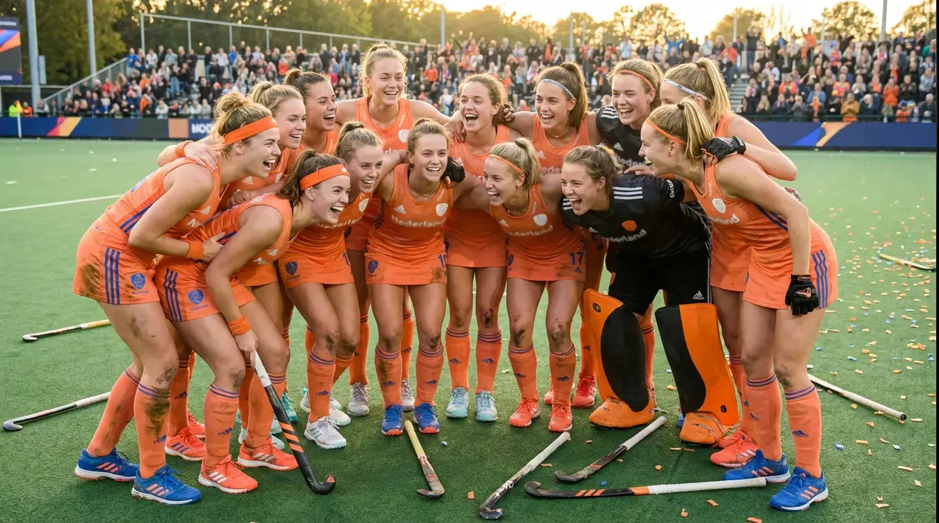 Nederlands vrouwenhockeyteam viert overwinning op het veld