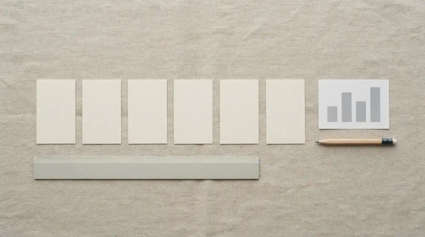Zeven neutrale kaarten op een tafel gerangschikt voor vergelijking