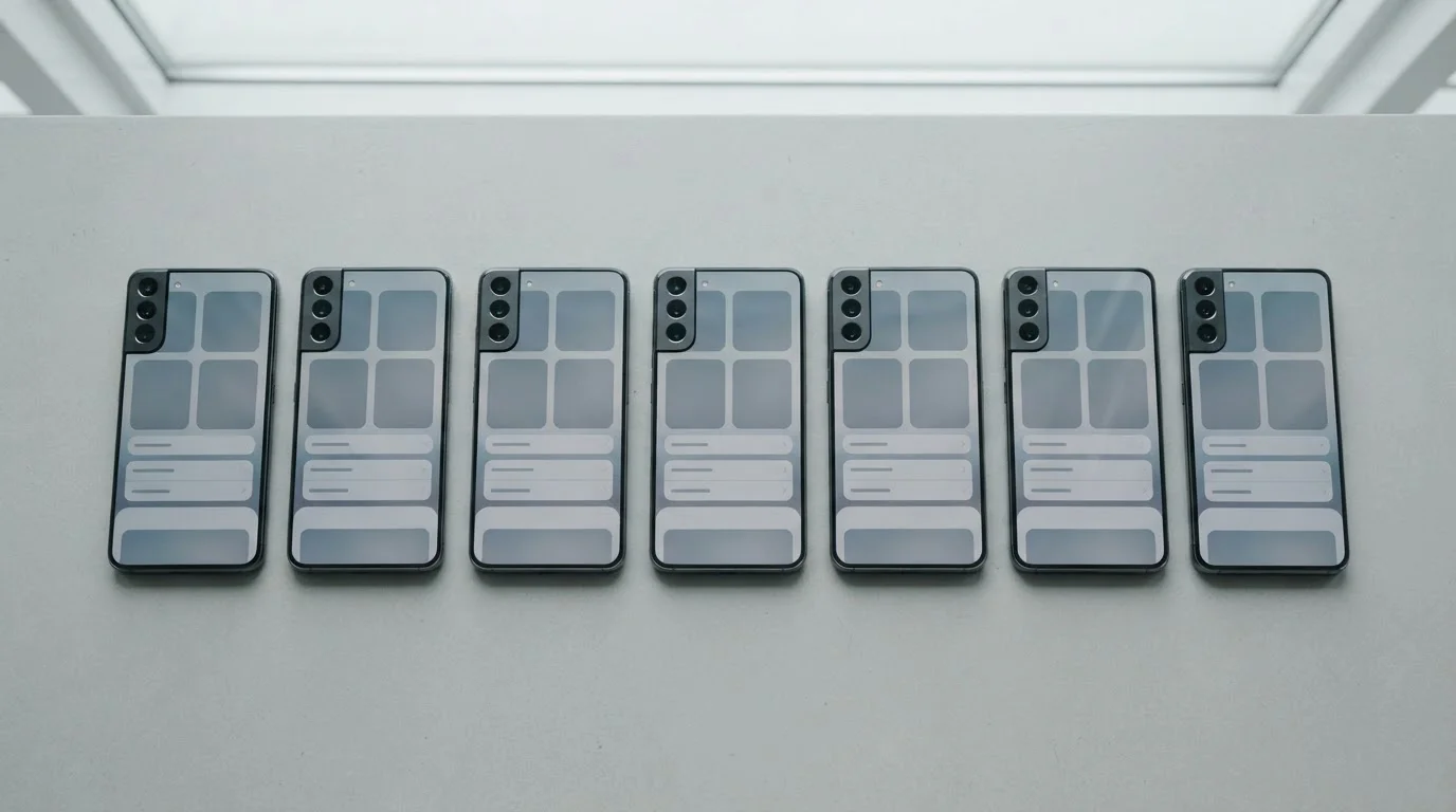 Zeven smartphones naast elkaar op tafel met neutrale schermen